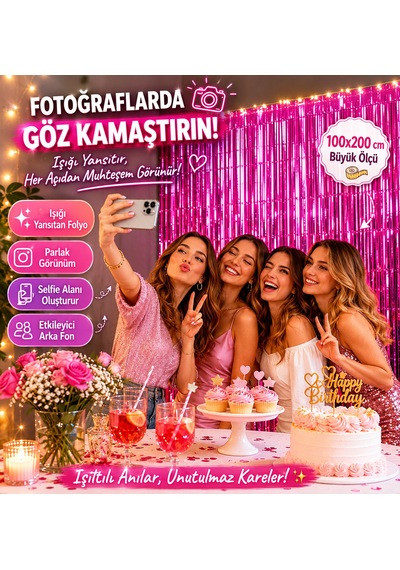 Pembe Folyo Parti Perdesi 100x200 Cm Doğum Günü Baby Shower Arka Fon Süs Dekoru