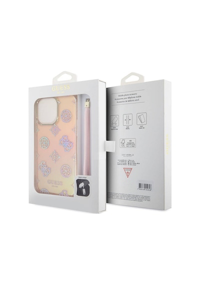 Apple Uyumlu iPhone 15 Pro Max Kılıf Guess Lisanslı Desenli Yazı Logolu Askı İpli Holografik Glitter Peony Siyah