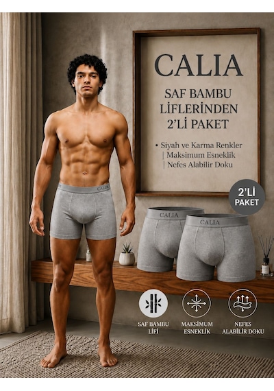Qulat Calıa Erkek Bambu Boxer 2 Li Paket Gri Renk Nefes Alan Esnek Yumuşak Dokulu Boxer