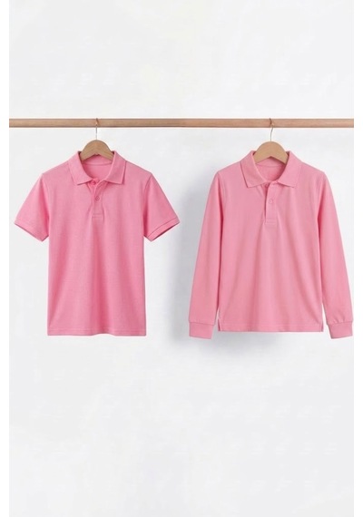 Nacar Store Unisex Çocuk Uzun Ve Kısa Kollu Polo Yaka Okul Tişörtü 2'li Set Pembe