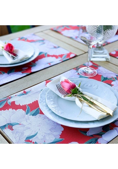 Red - White Rose Kumaş Amerikan Servis 4'lü Set - Keten Kumaş Ulusl. Yıkama Ve Solmama Sertifikası Çok Renkli