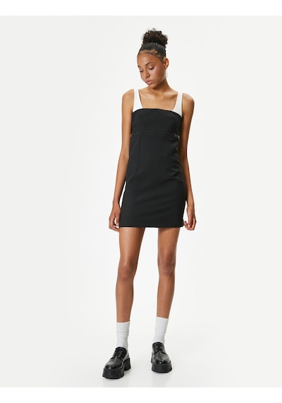 Koton Mini Kalem Elbise Renk Kontrastlı Askılı Slim Fit Siyah 4sak80390pw