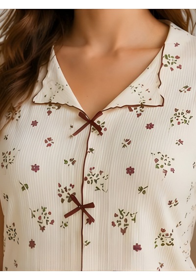Kadın Pamuklu Rahat Kalıp Desenli Pijama Takım Krem