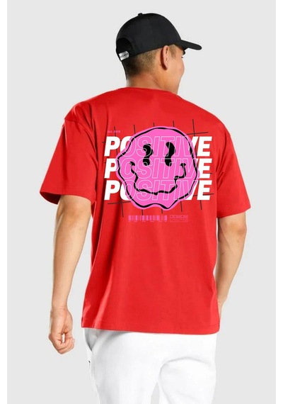 Positive Enerji Emoji Gülen Surat Kırmızı Oversize Unisex Ön Ve Sırt Baskılı Tişört Kırmızı