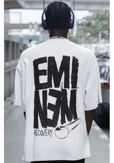 Eminem Recovery Rapper Şarkıcı Sırt Baskılı Unisex Oversize Tişör Beyaz
