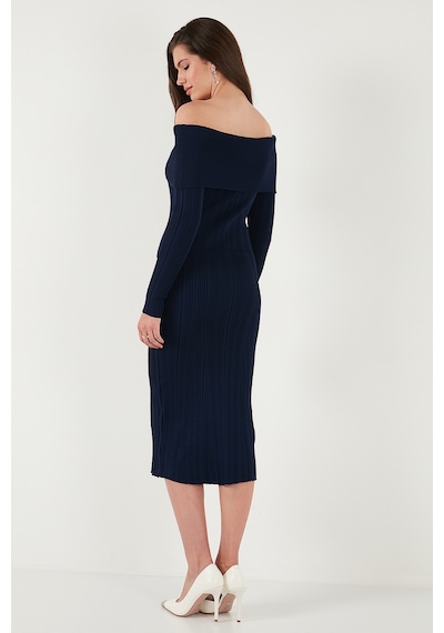 Lela Premium Fitilli Carmen Yaka Slim Fit Midi Boy Triko Bayan Elbise 680El00033 Lacivert Lela Premium Fitilli Carmen Yaka Slim Fit Midi Boy Triko Bayan Elbise 680El00033 Lacivert