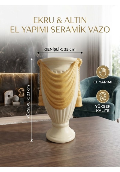 El Yapımı Seramik Vazo Ekru Gold 23x35 Cm - Lüks Şık Salon Konsol Masa Üstü Dekoratif Vazo Hediyelik