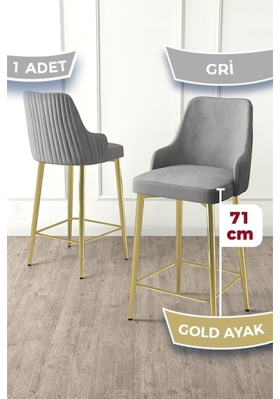 Canisa Enox Serisi 1 Adet Gri Mutfak Bar Sandalyesi Babyface Kumaş Gold Kaplama Metal Ayak Sandalyeler Gri Ayaklar Gold