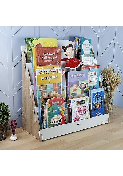 Lucky Montessori Ahşap Çocuk Odası 4 Raflı Kitaplık Meşe - Beyaz Abanoz - Beyaz