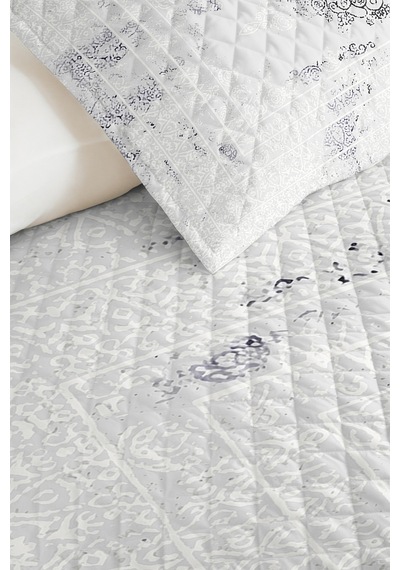 Gri Etnik Modern Tek Kişilik Pike Takımı - Beyaz Şal Motifli 160x220 Cm Kapitone Yazlık Yatak Örtüsü Beyaz