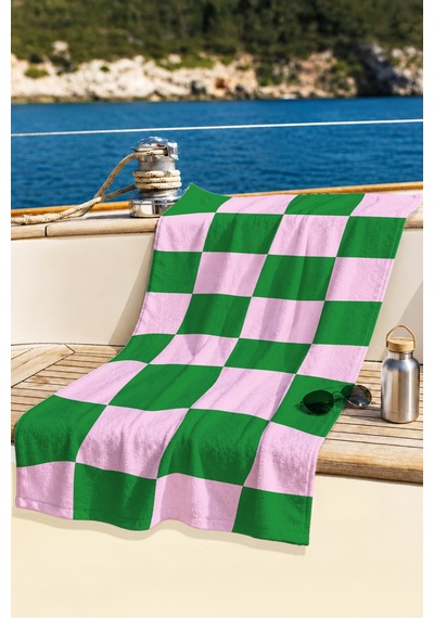 Damalı Kareli Pembe Yeşil Plaj Havlusu - Modern Geometrik Havuz Deniz Hızlı Kuruyan Mikrofiber Havlu Köpük Esinti