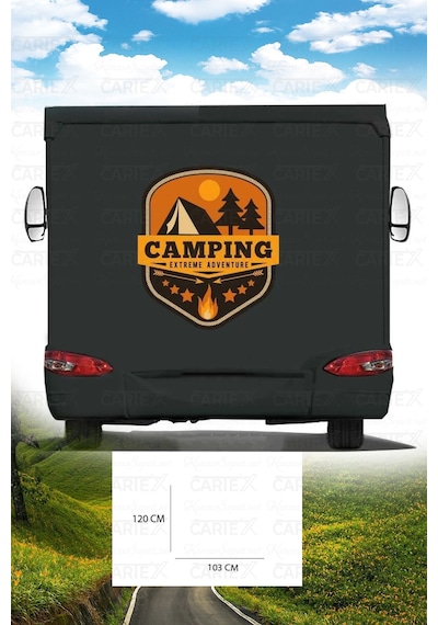 Karavan Kamp Baskı Sticker - Macera Sticker - Ateş Sticker - Ağaç Sticker - 103x120 Cm