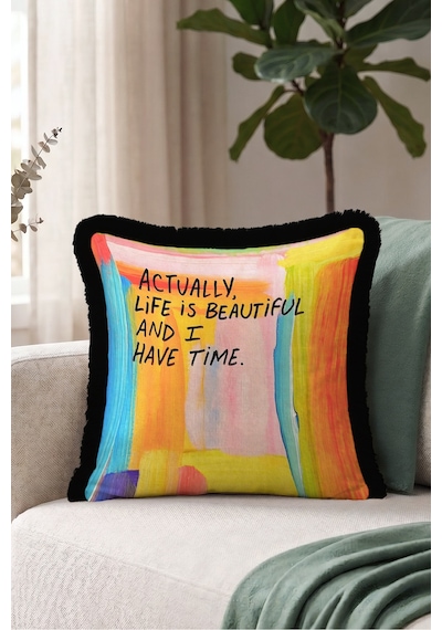 Renkli Yazı Saçaklı Yastık Kılıfı - Pop Art Pembe Turuncu Siyah Püsküllü Kırlent Kılıfı - 55x55 Cm Yalın Düş Nektar Renkli Yazı Saçaklı Yastık Kılıfı - Pop Art Pembe Turuncu Siyah Püsküllü Kırlent Kılıfı - 55x55 Cm Yalın Düş Nektar