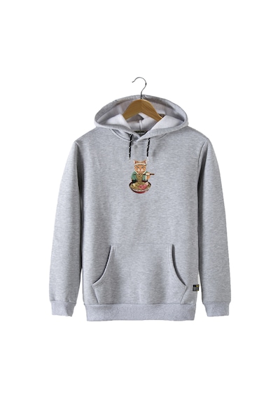 Unisex Gri Kapüşonlu Önü Şef Kedi Baskılı Slim Fit Kanguru Cepli Sweatshirt Gri