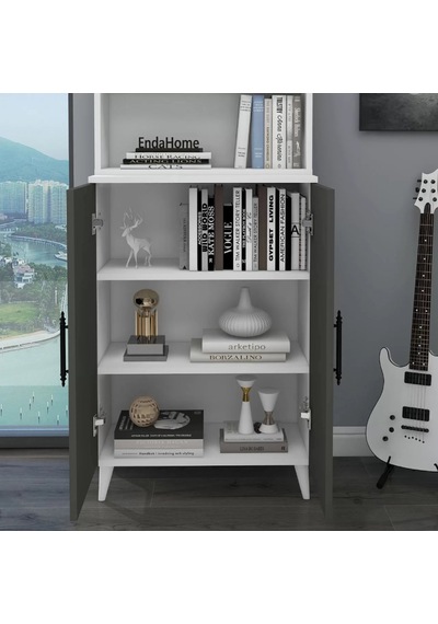Reyo Home Enda Oras 6 Raflı Kapaklı Kitaplık Antrasit- Beyaz