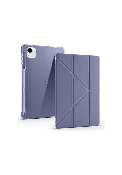 Honor Pad X9a 2025 Eln2-w29-eln2-l29 Uyumlu Kalem Bölmeli Dönebilen Üçgen Standlı Tri Folding Tablet Kılıfı - Mor - T38643