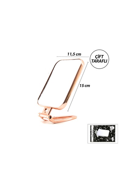 Lunaev Dikdörtgen - Bakır 15x11.5 Cm Makyaj Aynası Çift Taraflı Katlanır Ayaklı Açık Gold