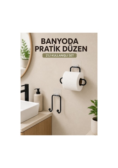 Astraltech Vidasız Banyo Seti Yapışkanlı Tuvalet Kağıdı Tutucu Ve Havlu Askısı 2 Li Set Çok Rnekli