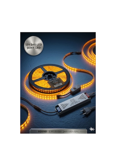 Mutfak Dolabı Tezgah Üstü Için 5 Metre Amber Şerit Led Işık Adaptörlü Anahtarlı Tak Çalıştır Amber