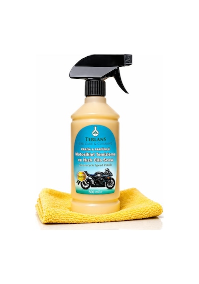 Terlans Motosiklet Temizleyici Parlatıcı Hızlı Cila Boyalı Alan & Plastik Aksam Parfümlü 500 Ml Sprey + Mikrofiber Bez