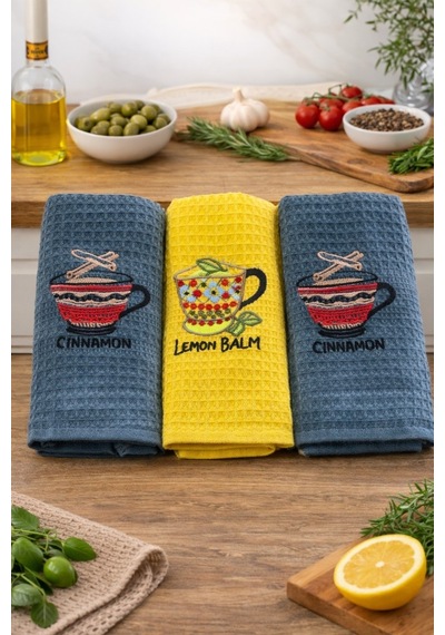3 Lü Nakışlı Waffle Mutfak Havlusu 40x60 Cm Yumuşak & Süper Emici Antrasit