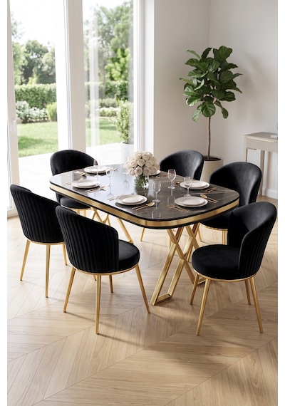Nisare Serisi 90x168 Lak Panel Siyah Mermer Desen Masa Takımı Gold Ayaklı 6 Sandalye Siyah Mermer - Siyah Nisare Serisi 90x168 Lak Panel Siyah Mermer Desen Masa Takımı Gold Ayaklı 6 Sandalye Siyah Mermer - Siyah