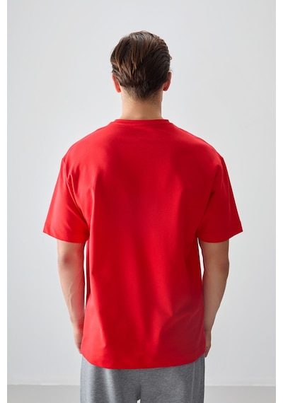 Air Jones Tommy Life Fiesta Pamuklu Kalın Yumuşak Dokulu Oversize Fit Basic Erkek T-shirt - 88378 Kirmizi