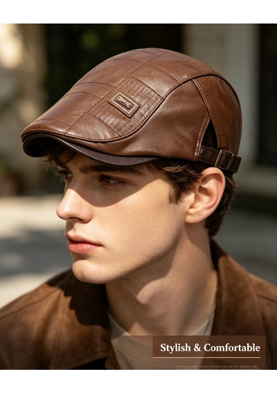 Erkek Suni Deri Gözlük Şapkası Kare Dikiş Detaylı Ayarlanabilir Flat Cap 3 Renk Kahverengi