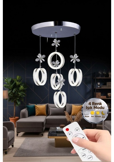 Aurea Model 5'li Gümüş Kumandalı 3 Renk Modu Ledli Kristal Taşlı Modern Salon Mutfak Oturma Odası Led Avize
