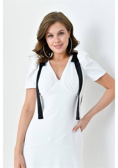 Dip Moda Kadın V Yaka Abiye Elbise Dpnbs9358 Beyaz