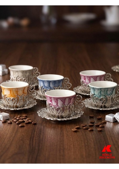 6 Kişilik Kahve Fincan Takımı Çok Renkli Gümüş