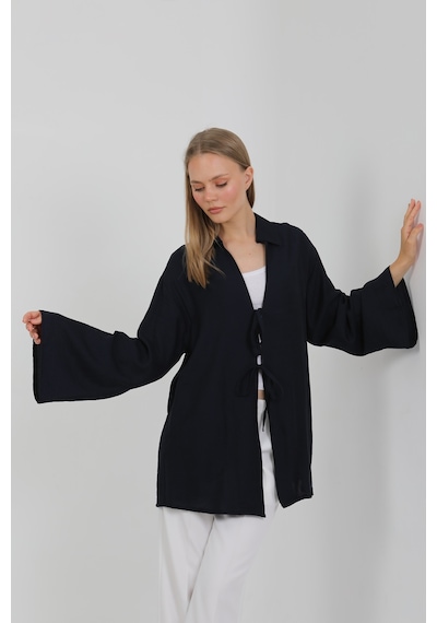 Doğal Viskon Kumaş Cepli Bağcıklı Kadın Kimono 1167 Hafif, Dökümlü, Akışkan, Yazlık Model Lacivert