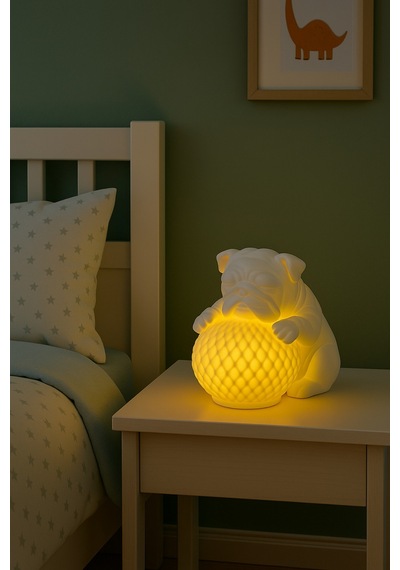 Bulldog Tasarımlı 3d Dekoratif Masa Lambası, Estetik Çocuk Odası Gece Lambası, Tealight 25 X 25 Cm Beyaz