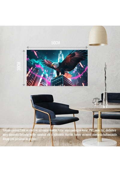 Kartal Fütüristik Bir Şehirde Neon Parıltı Stili 06 Çerçevesiz 50x30 Cm Pvc Tablo