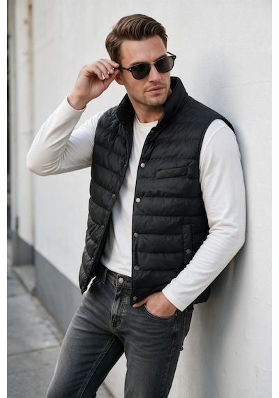 Rizzup Erkek Slim Fit Su Ve Rüzgar Geçirmez Siyah Şişme Yelek Dik Yaka Çıtçıtlı 2701708