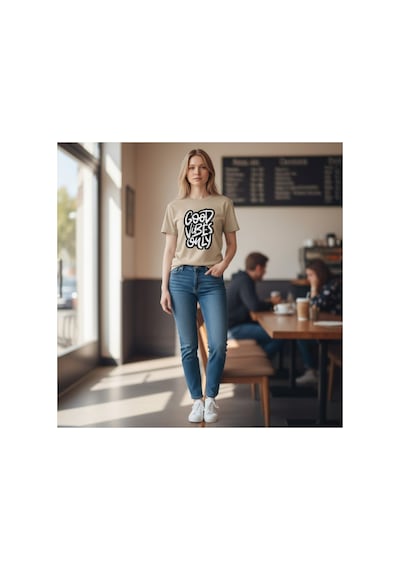 Urbantrendstore Unisex Good Vibes Only Oversize Fit Rahat Geniş Salaş T-shirt Günlük Tişört Bej