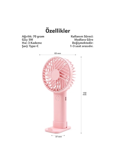 Standlı 3 Mod Şarjlı El Fanı 3 Kademe Seyahat Masaüstü Vantilatör Taşınabilir Mini Fan Pembe F137