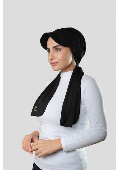 Hürrem Bone Siyah Şapkalı Atkılı Geçmeli Tesettür Bone Swimmy Logolu 2321 01 Siyah