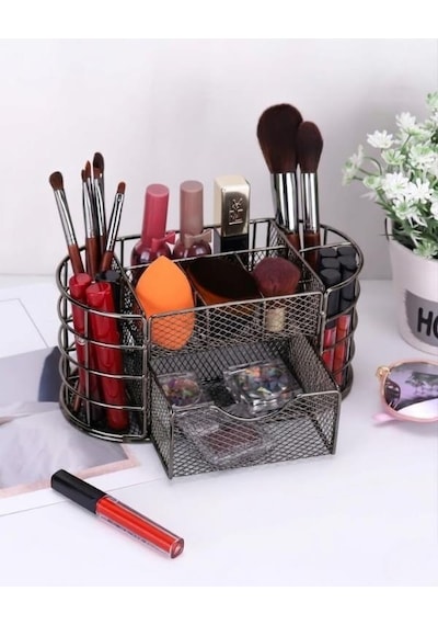 Temel Nikel Metal Mesh Masaüstü Organizer Çekmeceli Çok Bölmeli 22x11x11 Cm 9507b Koyu Gri