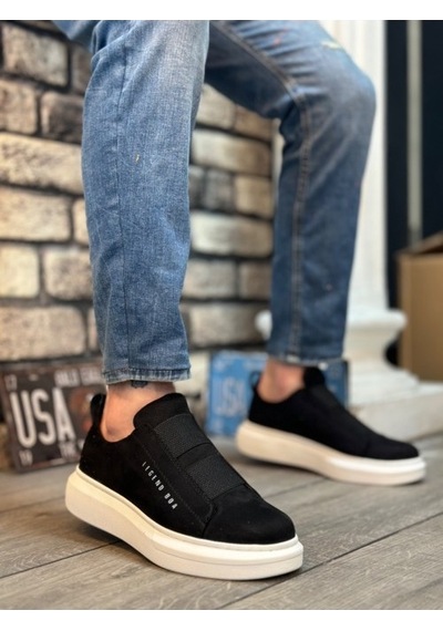 Xramburada Kalın Süet Çift Bant Siyah Beyaz Taban Erkek Ayakkabı Beyaz - Siyah