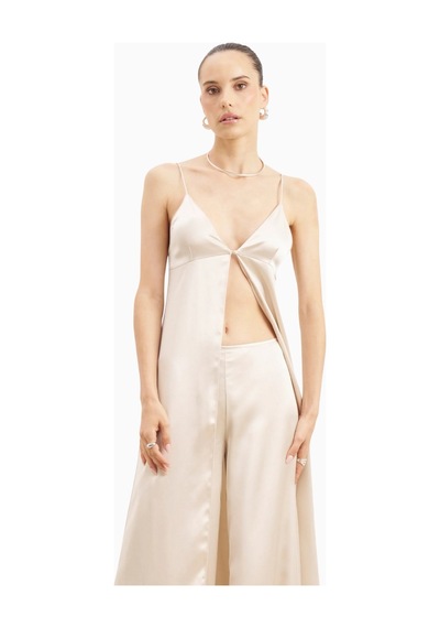 Because Of Alice Satin V Neck Longline Camisole Parlak V Yaka Saten Kadın Bluz Beyaz