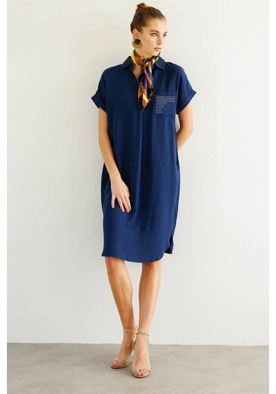 Desen Triko Kadın Polo Yaka Cebi Zincir Detaylı Elbise 25819 Indigo Indigo