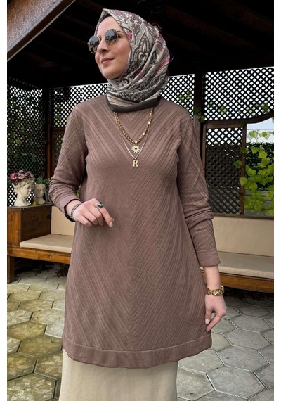 Rabia Şamlı Damla Triko Tunik Sütlü Kahve Normal