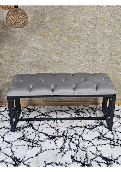 Zafir Siyah Boyalı İçi Kareli Diktörtgen 100 Cm X 40 Cm Oturak Puf - Bench - Makyaj Oturağı - Oturak Gri