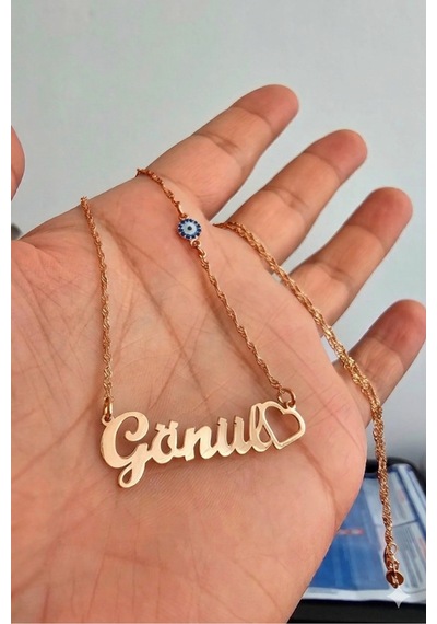 925 Ayar Gümüş Nazar Boncuklu, Kalpli İsimli Kolye Rose Gold