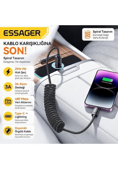 Essager 29w Pd 3a Spiral Araç Şarj Kablosu Type-c To Lightning Hızlı Şarj Kablosu 480mbps Data 1.8 Metre Desen - Ben10