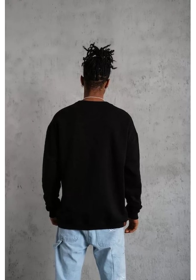 Modi Green Basic Dokulu Erkek Günlük Stil Siyah Bisiklet Yaka Sweatshirt