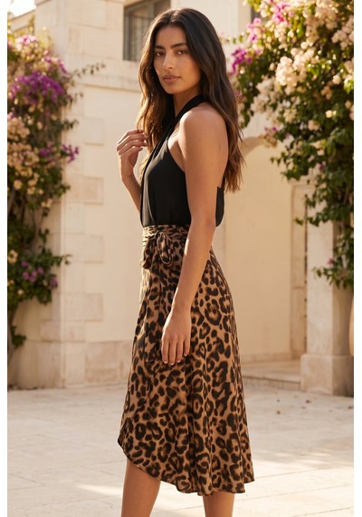 Soulshae Leopar Desenli Asimetrik Midi Etek