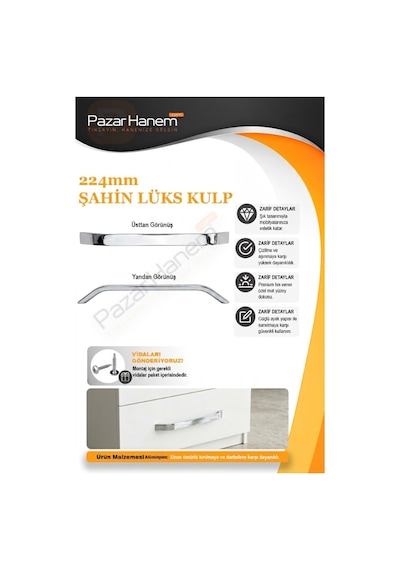 Pazar Hanem 224 Mm Şahin Lüks Mobilya Dolap Çekmece Kolu Kulpu - Krom / Siyah 2 Adet