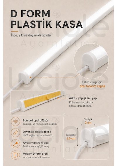 220v Beyaz Led Bar 100 Cm Fişli Anahtarlı Yapışkanlı Tezgah Altı Dolap İçi Aydınlatma